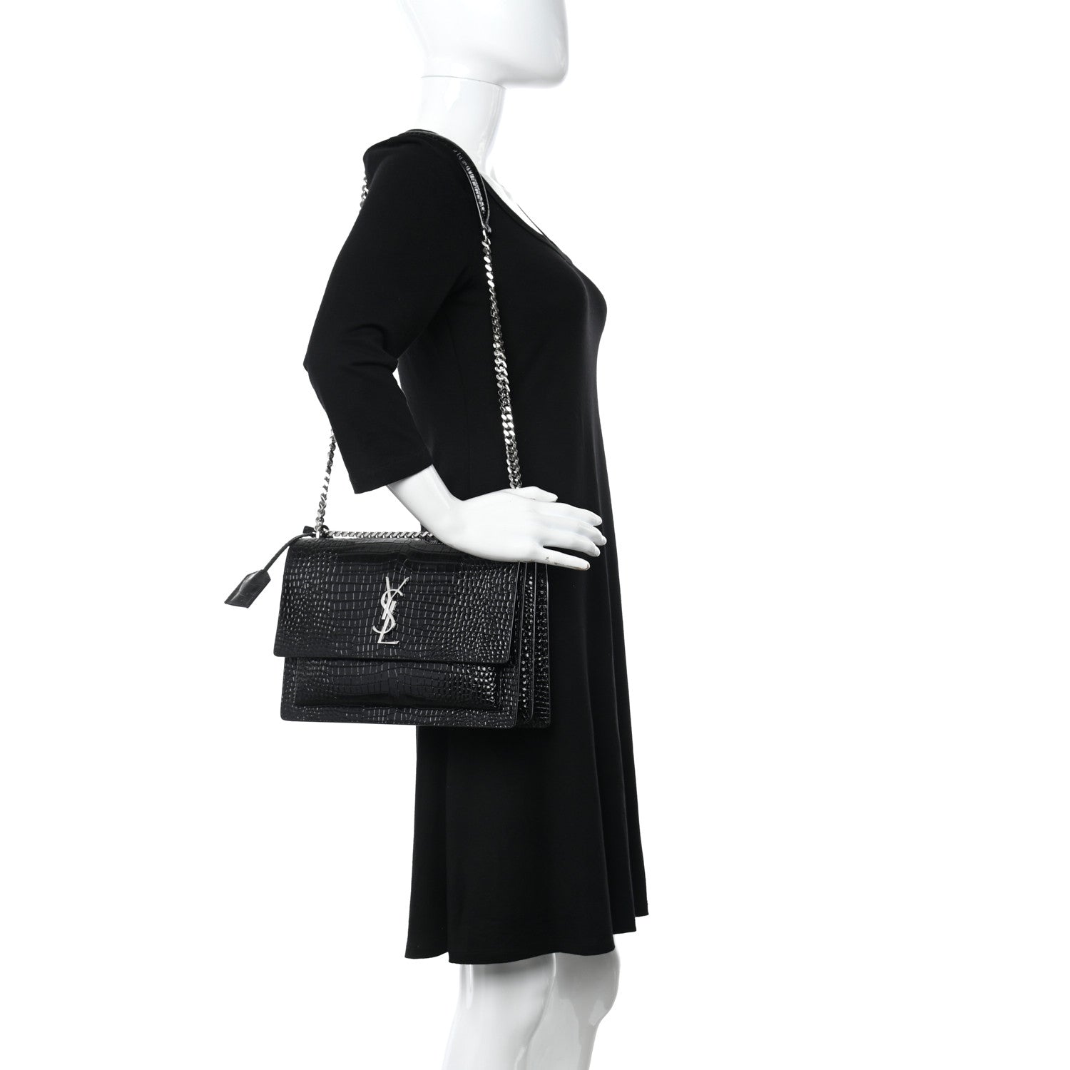 Saint Laurent Calfskin Crocodile Embossed Large Monogram Sunset Black 3 of 11
