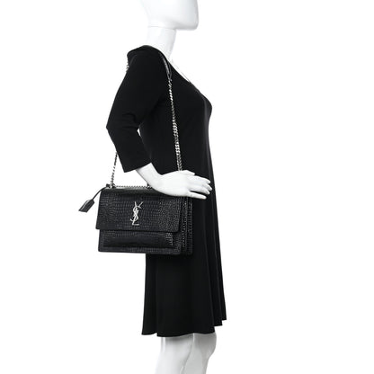 Saint Laurent Calfskin Crocodile Embossed Large Monogram Sunset Black 3 of 11