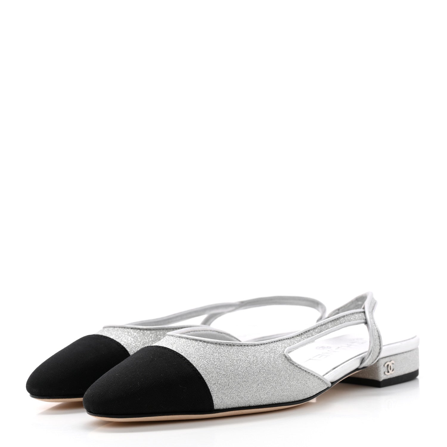 Chanel Glitter Calfskin Grosgrain CC Slingback Flats 37 Black Silver 3 of 11