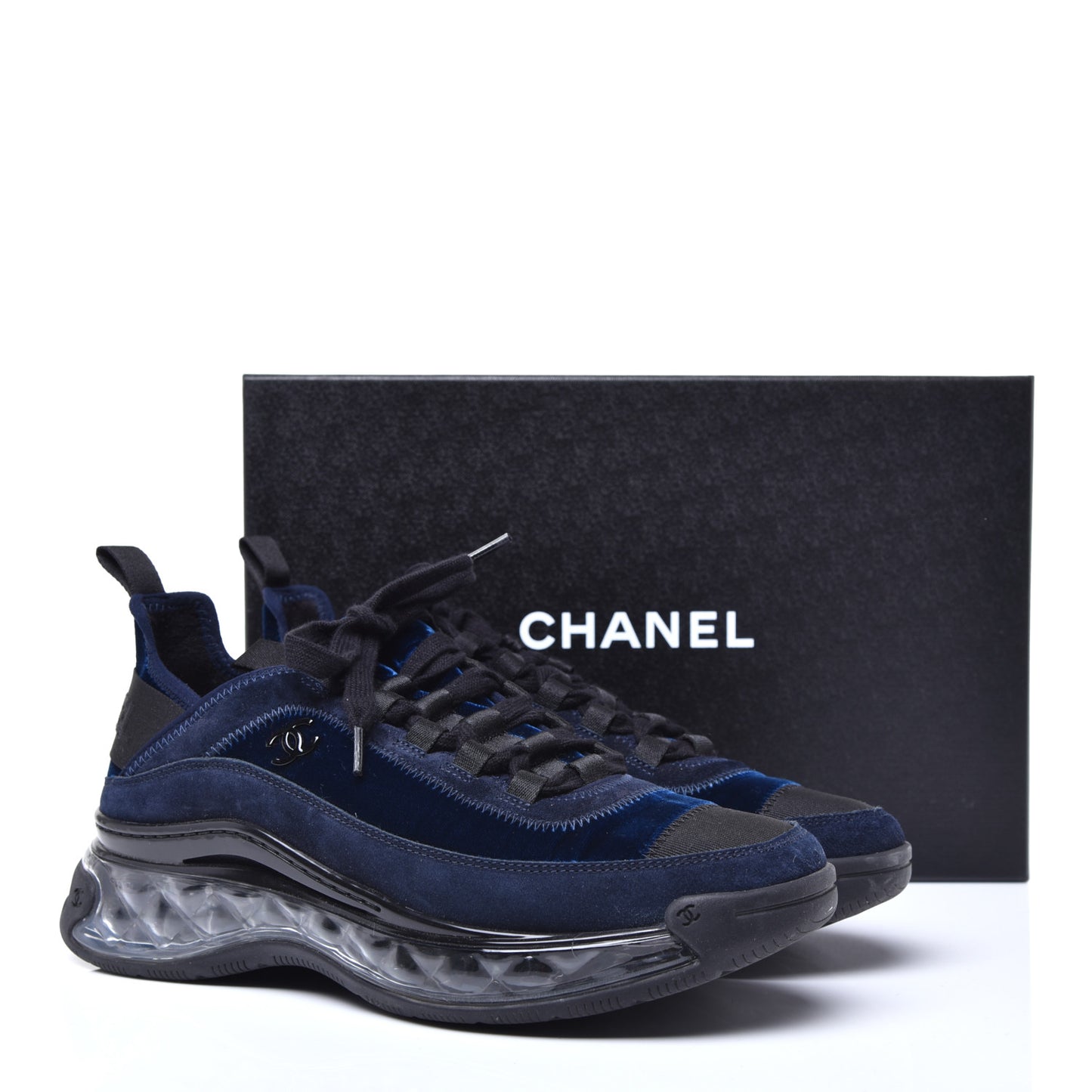Suede Calfskin Velvet Grosgrain CC Sneakers 38.5 Navy Blue Black