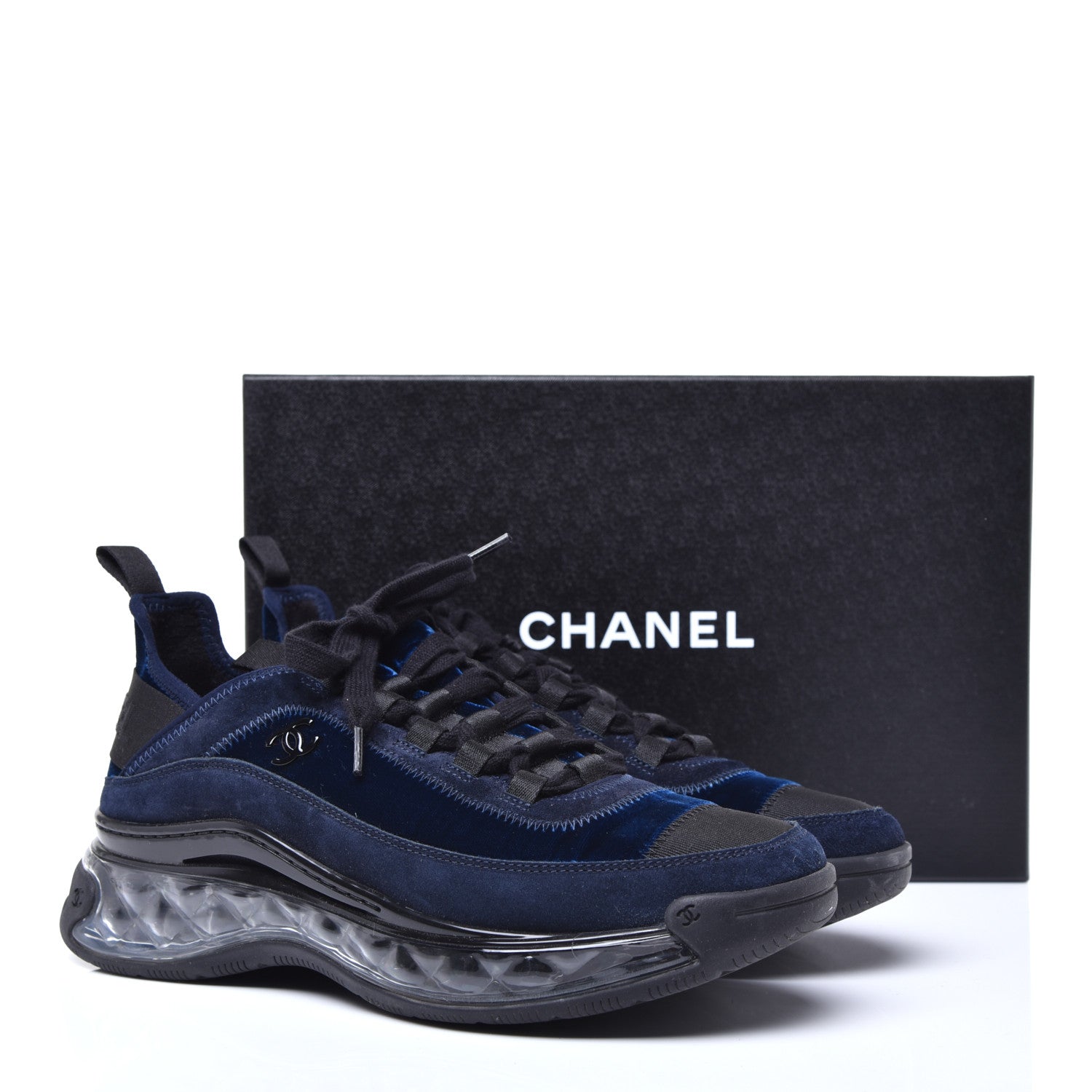 Chanel Suede Calfskin Velvet Grosgrain CC Sneakers 38.5 Navy Blue Black 9 of 9