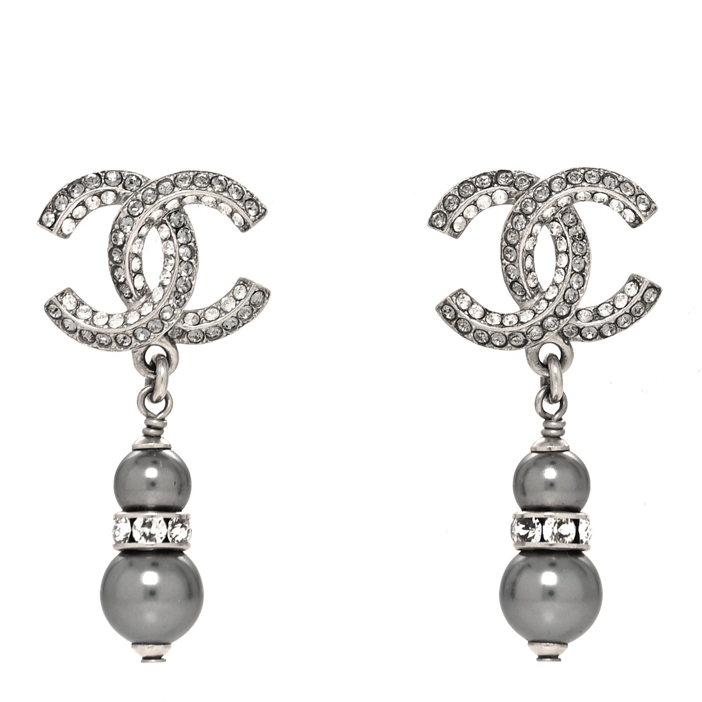 Crystal Pearl CC Drop Earrings Silver Grey
