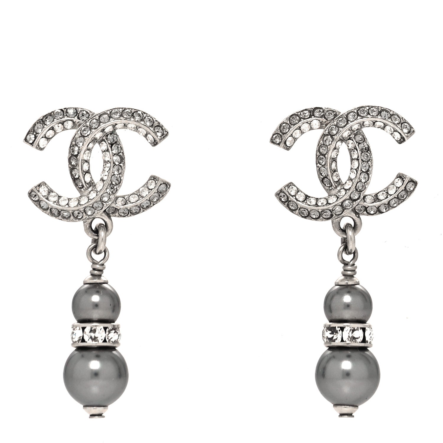 Chanel Crystal Pearl CC Drop Earrings Silver Grey 1 of 4