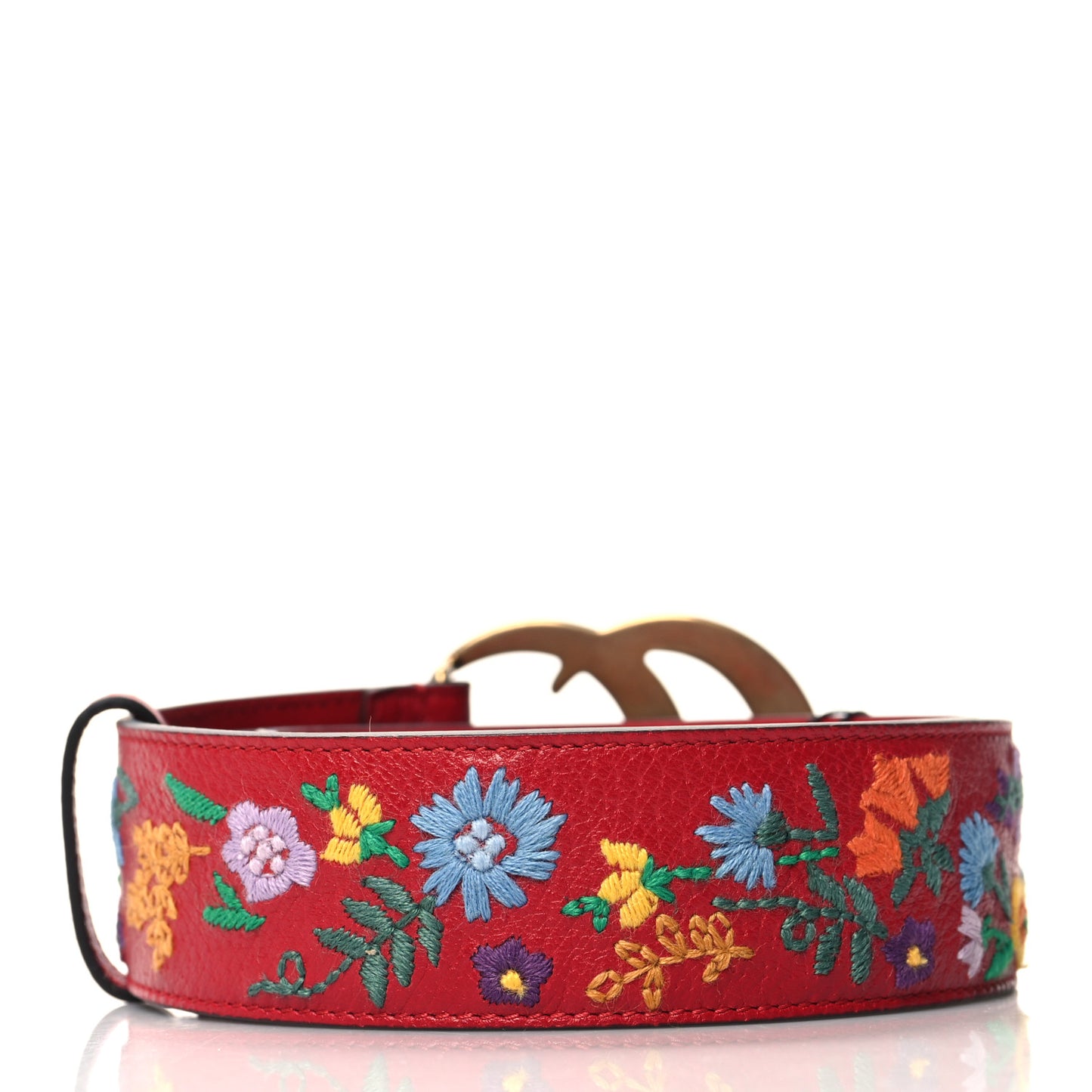 Textured Calfskin Flower Embroidered Double G 40mm Belt 75 30 Hibiscus Red