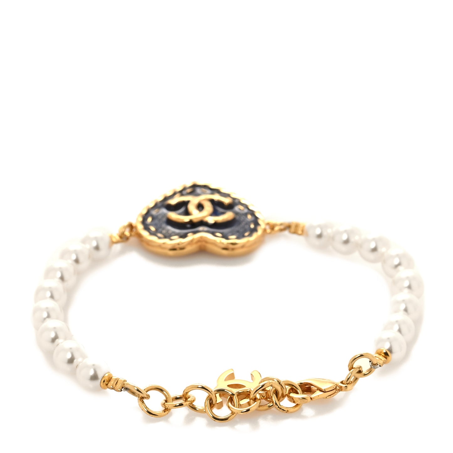 Metal Denim CC Heart Bracelet Gold Blue Pearly White