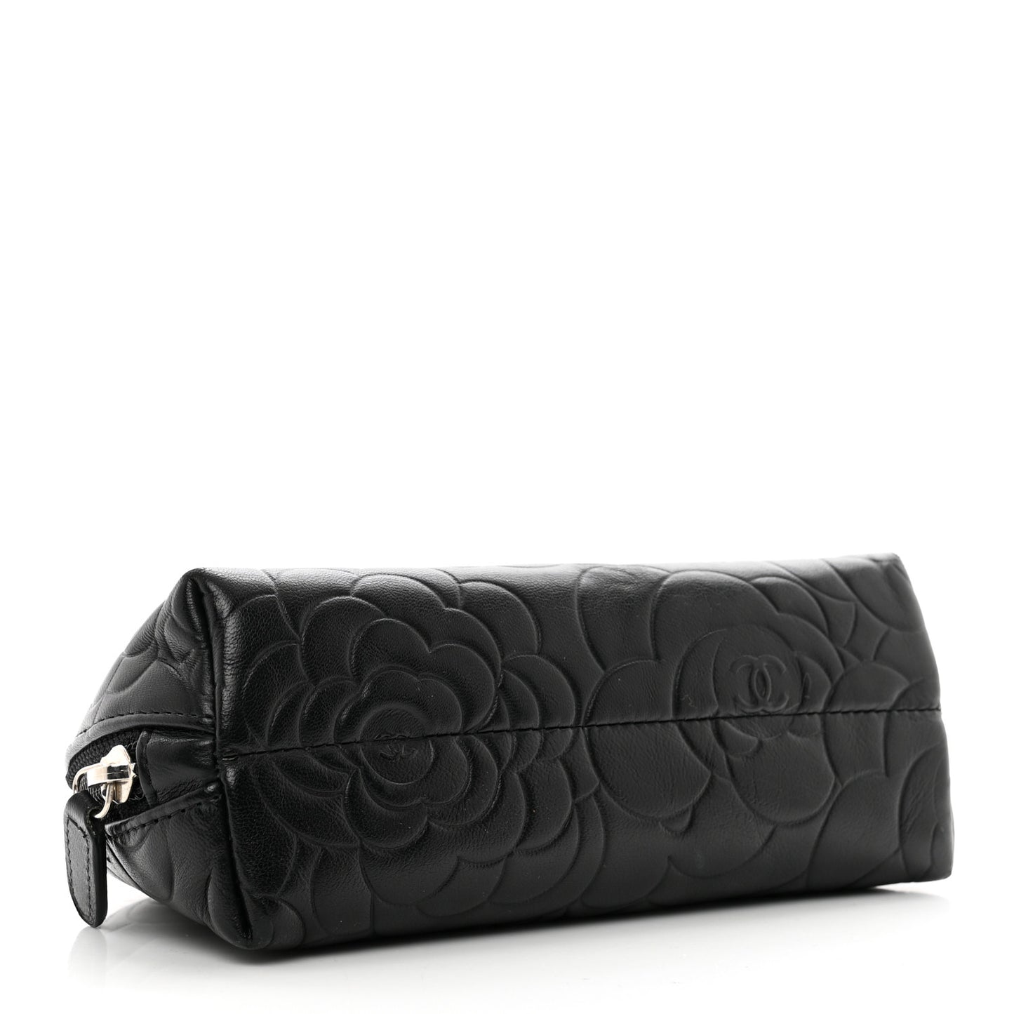 Lambskin Camellia Embossed Cosmetic Case Black