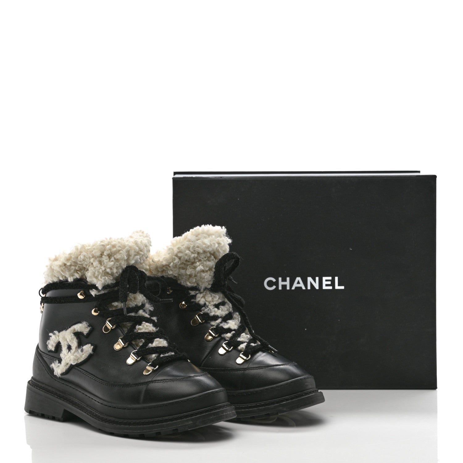 Chanel Calfskin Shearling CC Lace Up Boots 38 Black 11 of 11
