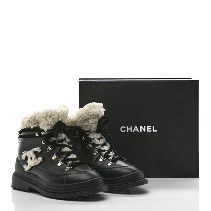 Chanel Calfskin Shearling CC Lace Up Boots 38 Black 11 of 11