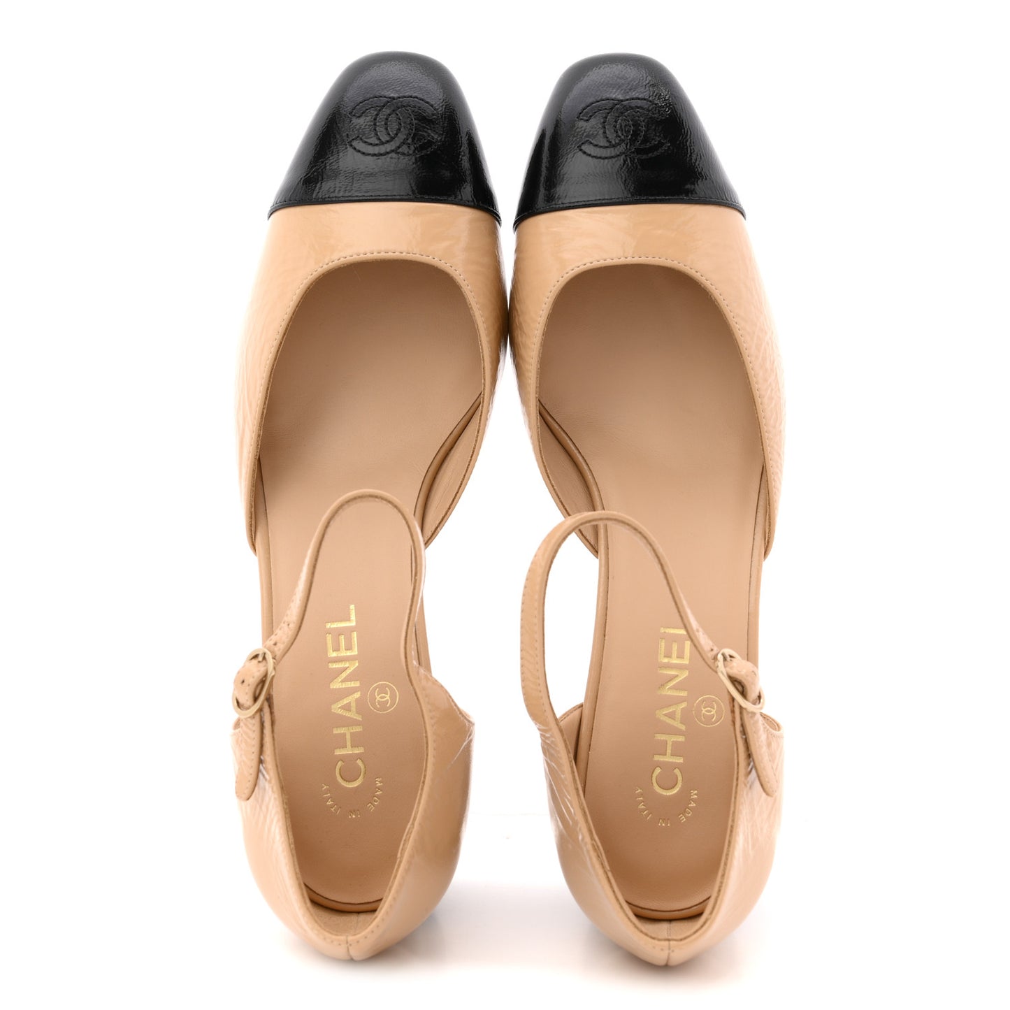 Shiny Lambskin CC Cap Toe Mary Janes Pumps 41 Beige Black