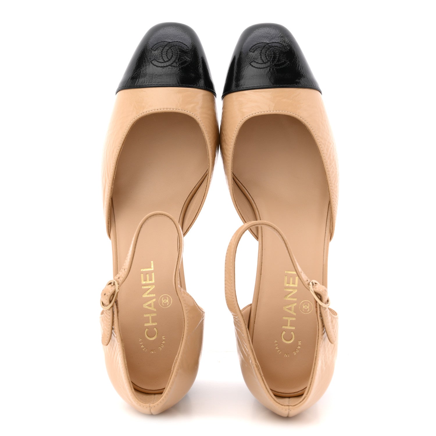Chanel Shiny Lambskin CC Cap Toe Mary Janes Pumps 41 Beige Black 2 of 10