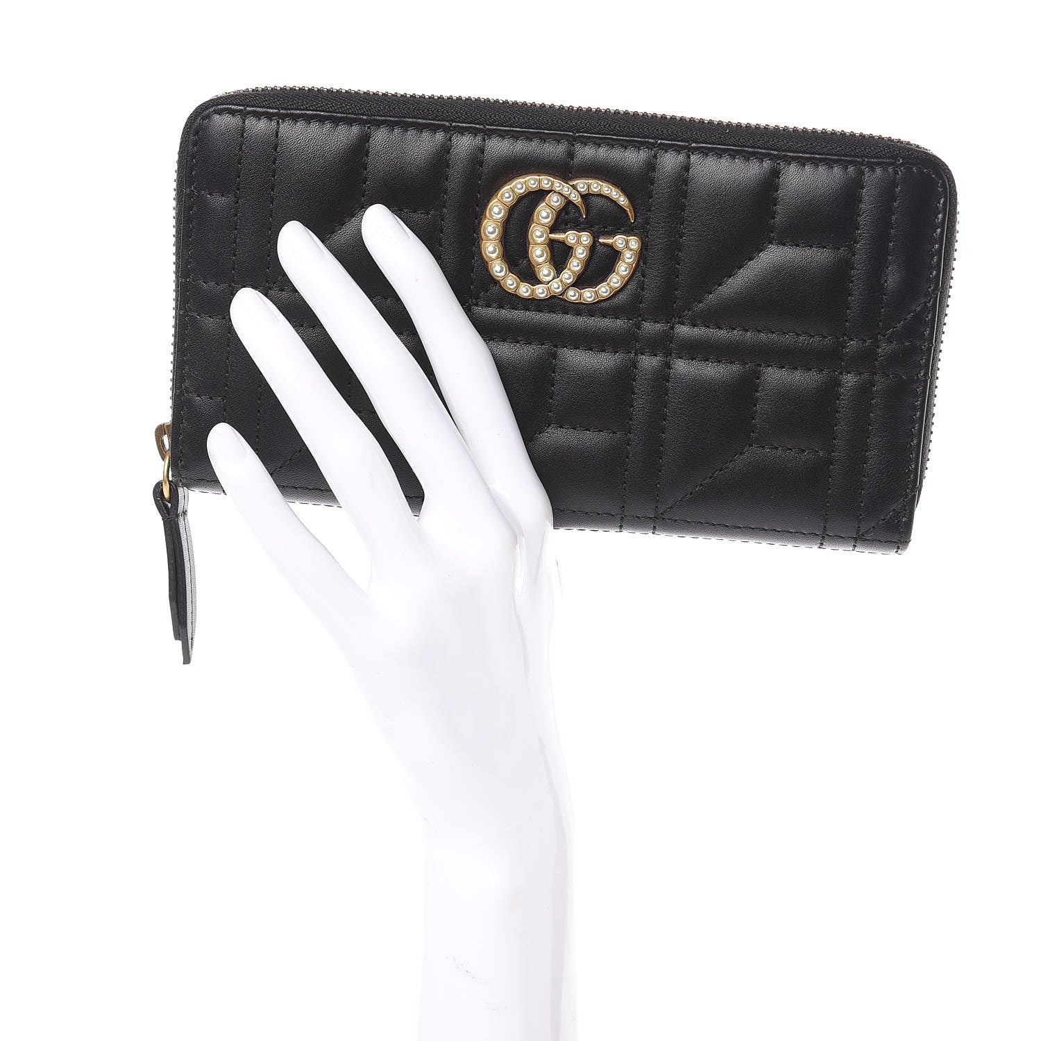 Gucci Calfskin Matelasse Pearly GG Marmont Zip Around Wallet Black 2 of 9