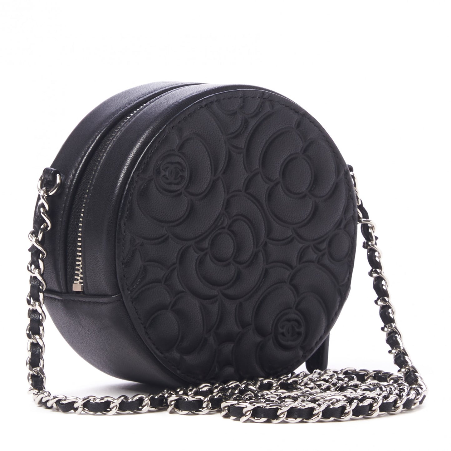 Lambskin Camellia Quilted Round Clutch With Chain Black