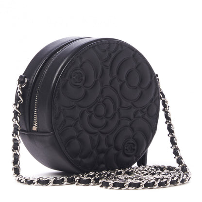Chanel Lambskin Camellia Quilted Round Clutch With Chain Black 3 of 10