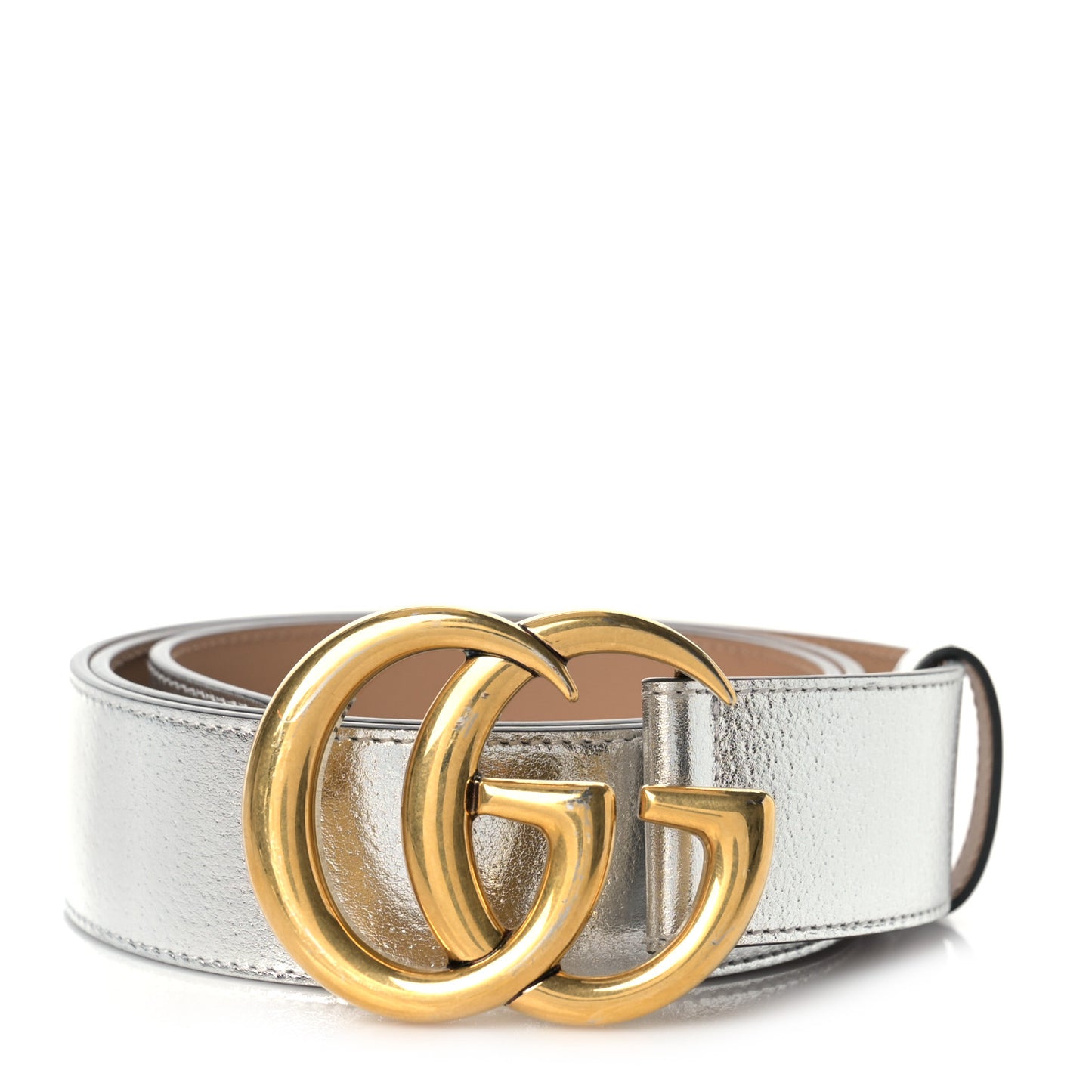 Metallic Textured Dollar Calfskin Double G 40mm Belt 85 34 Silver