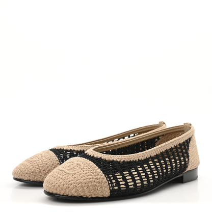 Chanel Raffia Cap Toe Ballerina Flats 37 Black Beige 4 of 9
