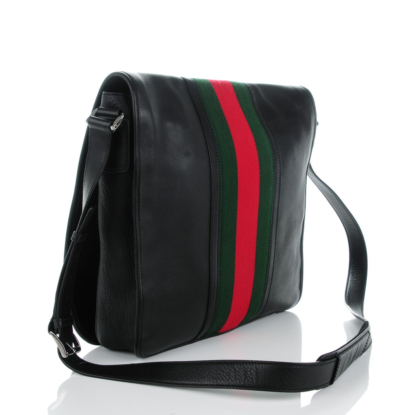 Calfskin Web Large Flap Messenger Bag Black