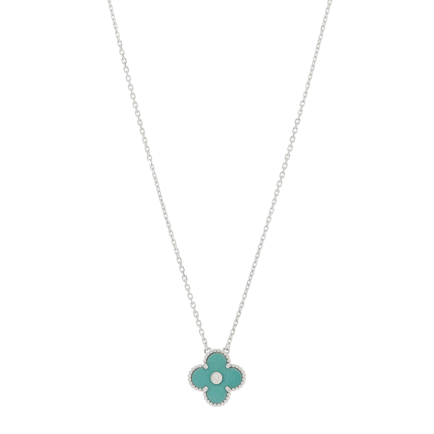 18K White Gold Diamond Celadon Green Sevres Porcelain Vintage Alhambra Pendant Necklace