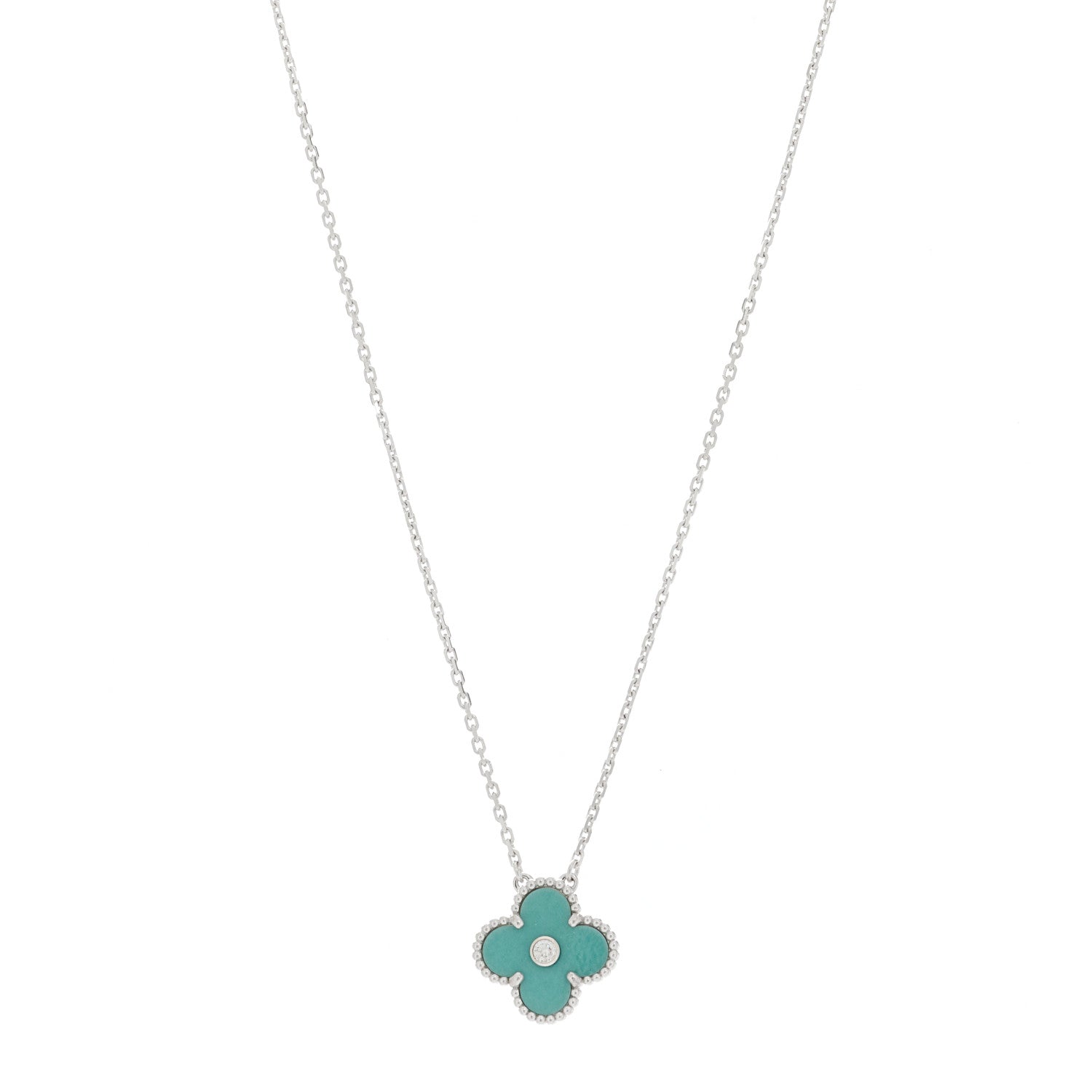 Van Cleef & Arpels 18K White Gold Diamond Celadon Green Sevres Porcelain Vintage Alhambra Pendant Necklace 1 of 6