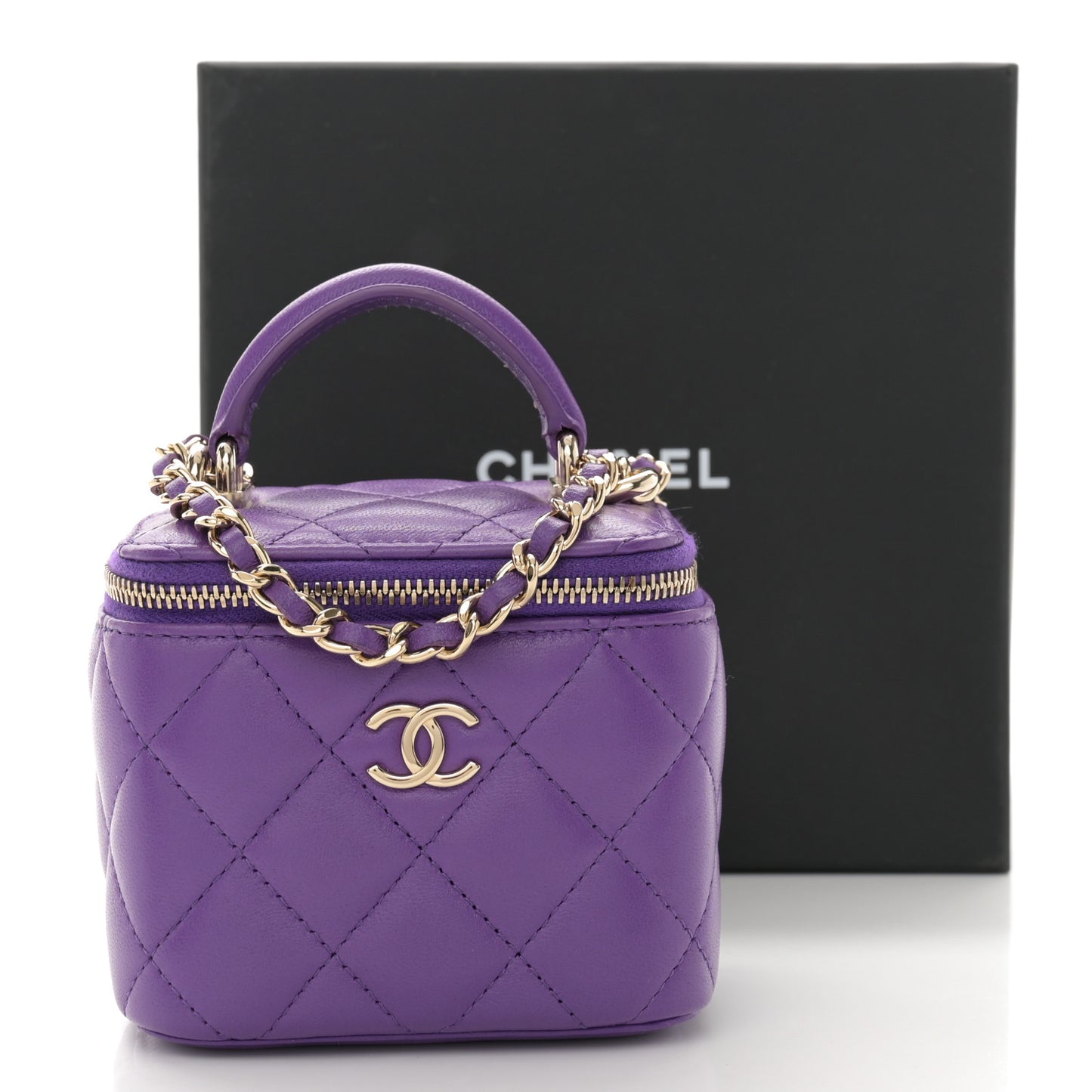 Lambskin Quilted Top Handle Mini Vanity Case With Chain Purple