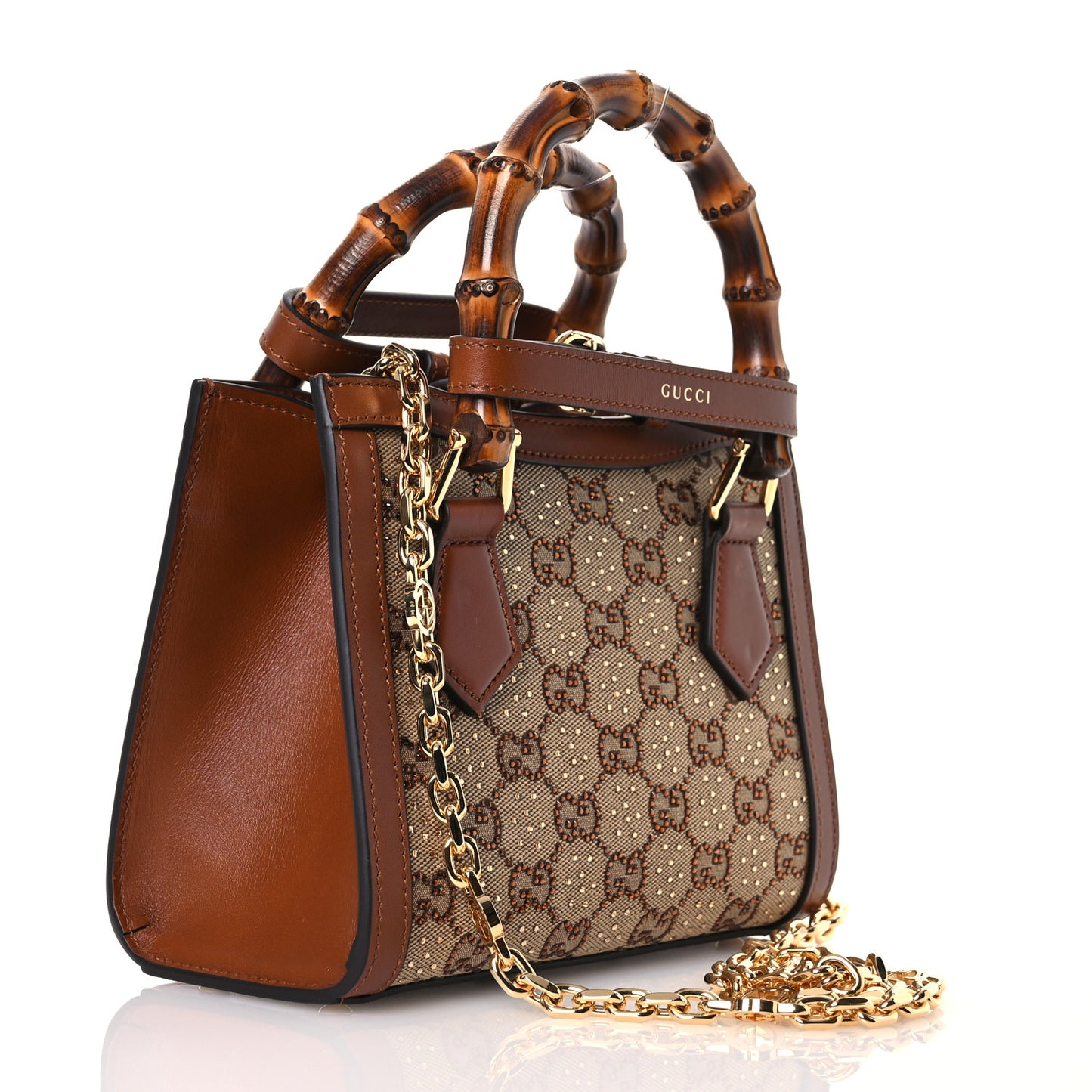 New Canvas Charisma Calfskin Crystal GG Monogram Mini Diana Tote Bag Camel Ebony