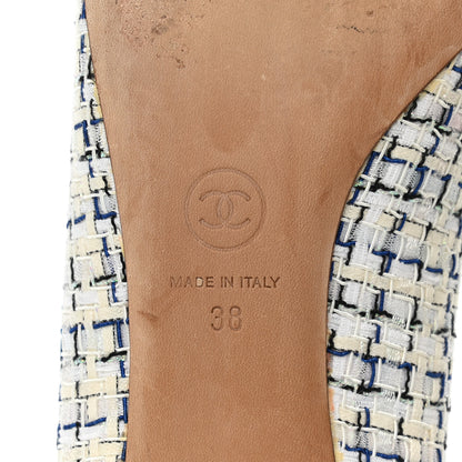 Chanel Tweed Pearl Cap Toe Pumps 38 White Black Blue 6 of 9