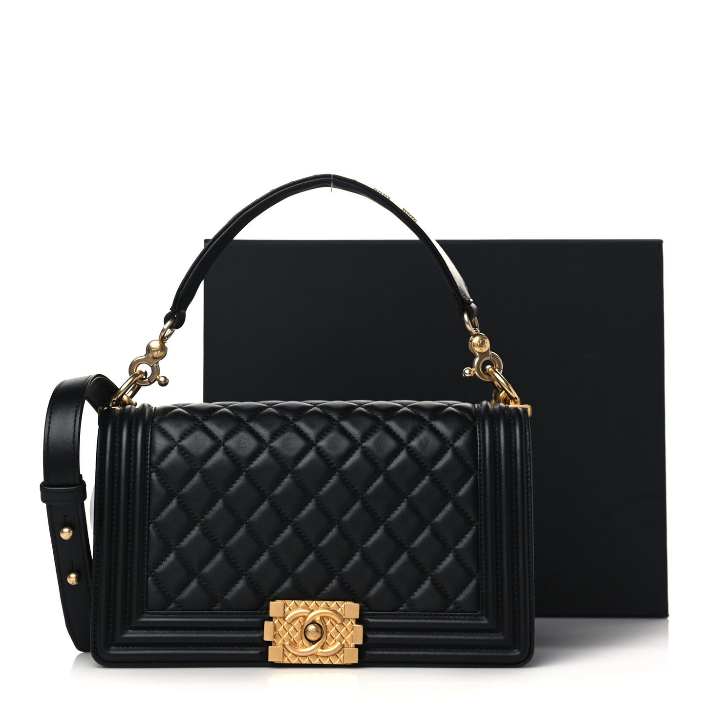 Calfskin Medium Boy Logo Top Handle Flap Black