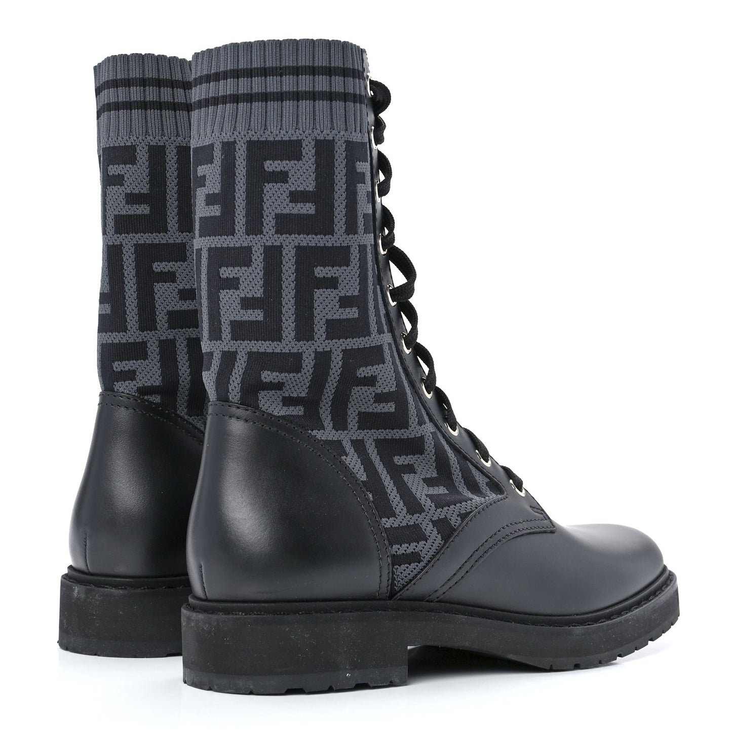 Calfskin Stretch Fabric FF Rockoko Biker Boots 38.5 Black Charcoal
