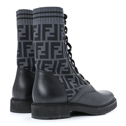 Fendi Calfskin Stretch Fabric FF Rockoko Biker Boots 38.5 Black Charcoal 4 of 8