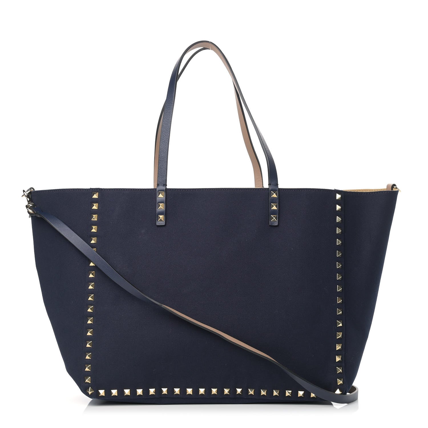 Valentino Garavani Canvas Small Rockstud Reversible Tote Navy Blue Beige 1 of 17