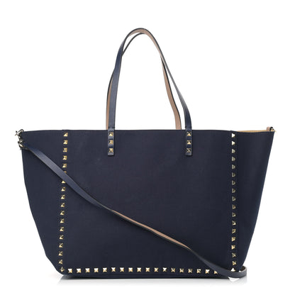 Valentino Garavani Canvas Small Rockstud Reversible Tote Navy Blue Beige 1 of 17