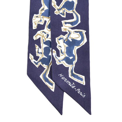 Hermes Silk Chevaux En Liberte Twilly Marine Indigo Blanc 2 of 4