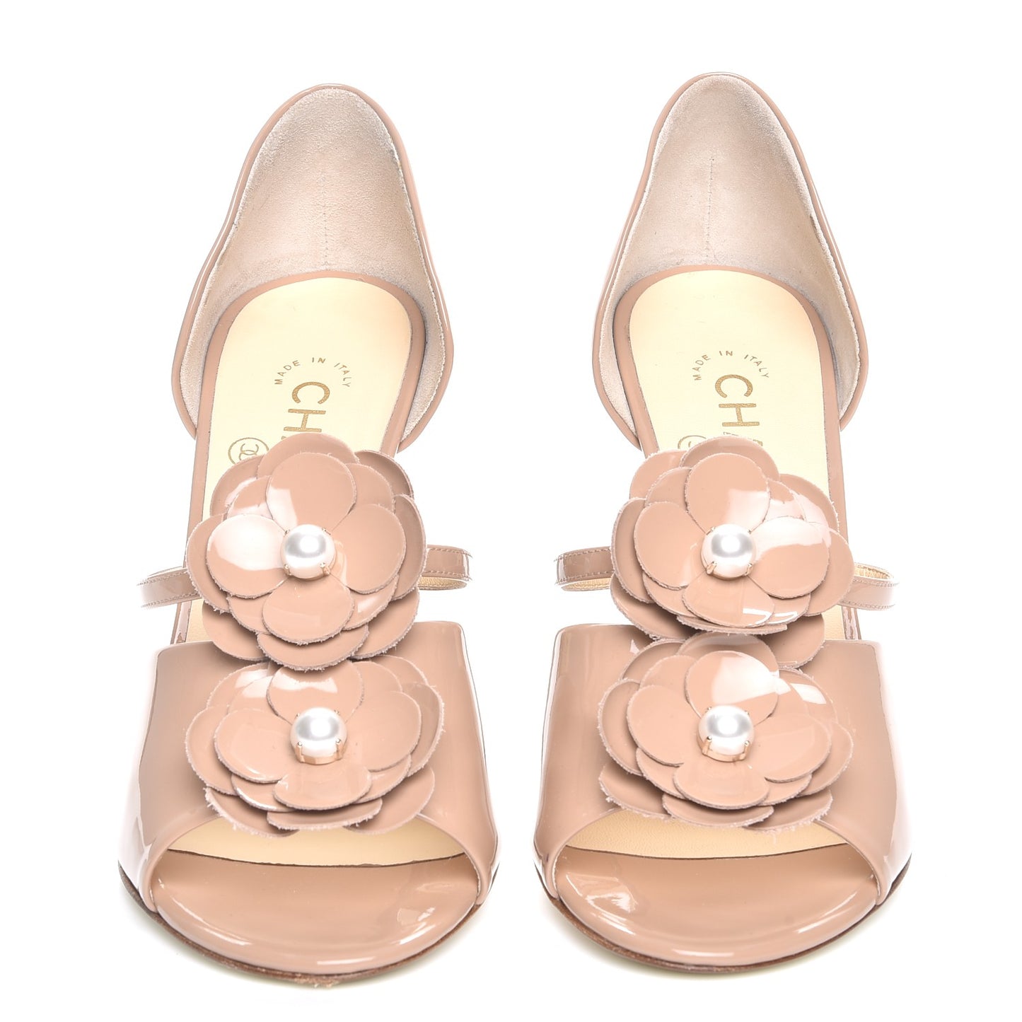 Patent Calfskin Pearl Camellia Peep Toe Pumps 38 Beige