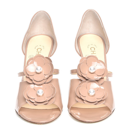 Chanel Patent Calfskin Pearl Camellia Peep Toe Pumps 38 Beige 2 of 11