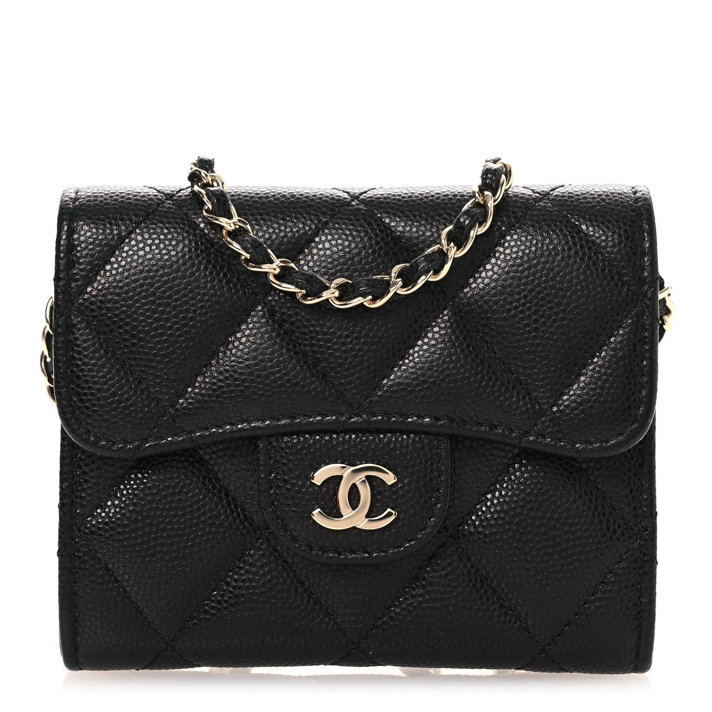 Caviar Quilted Flap Card Holder On Chain Black