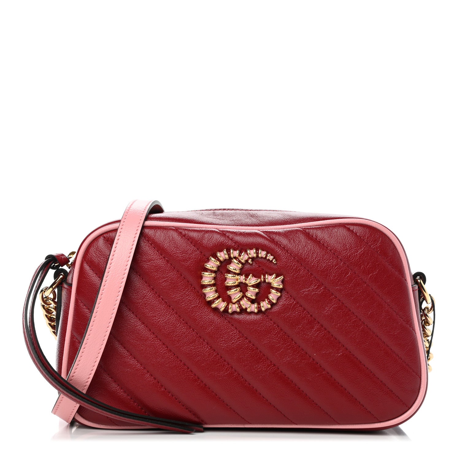 Gucci Azalea Calfskin Enamel Matelasse Diagonal Small Torchon GG Marmont Chain Shoulder Bag New Cherry Red Wild Rose 1 of 6