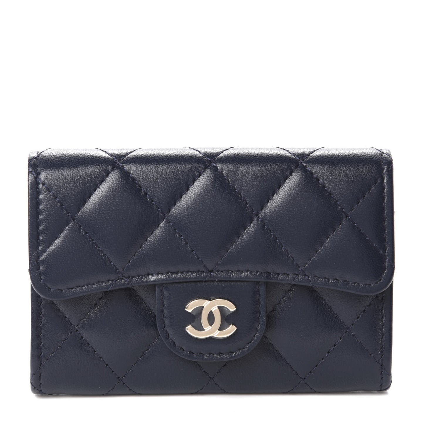 Lambskin Quilted Flap Card Holder Wallet Navy