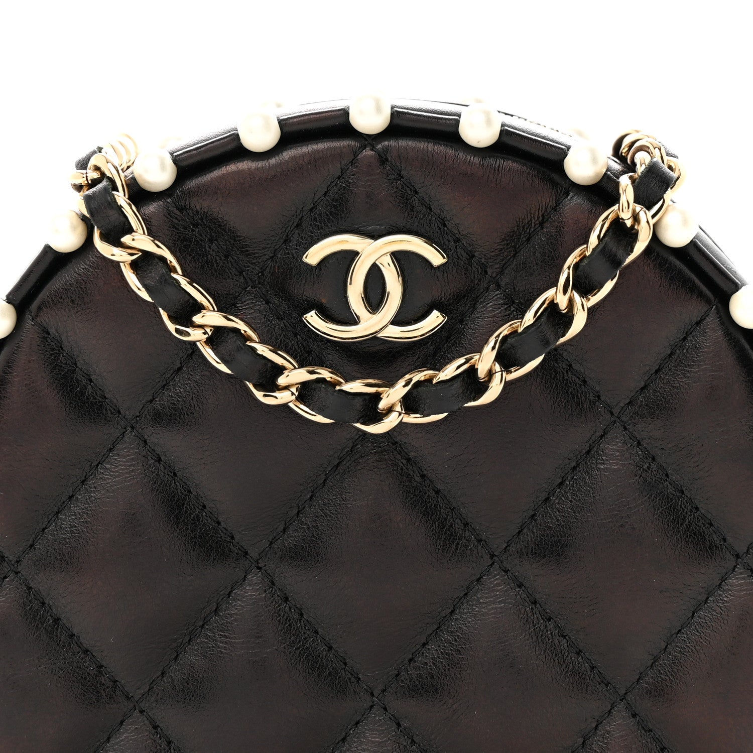Chanel Calfskin Quilted Pearl Round Clutch With Chain Black 8 of 12