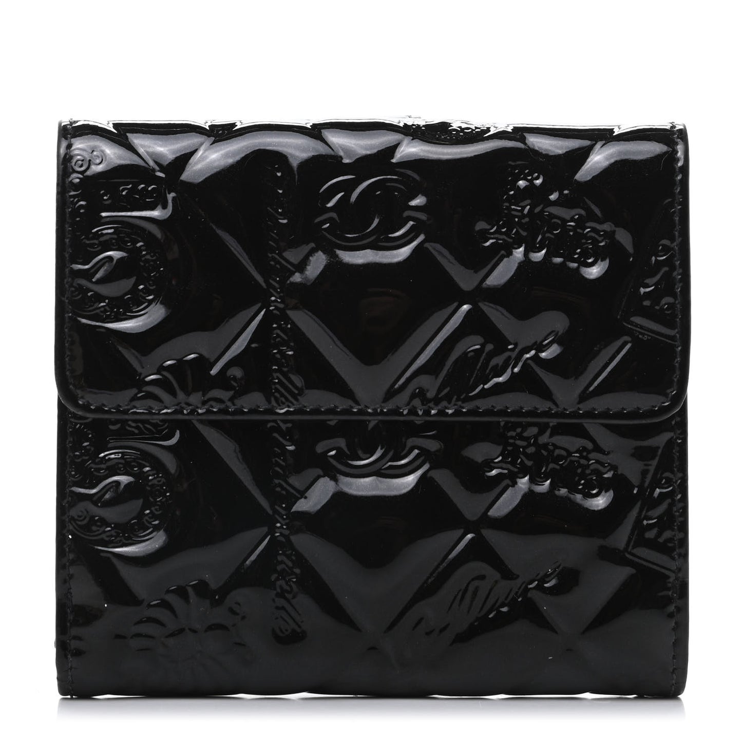 Patent Calfskin Lucky Symbols Compact French Flap Wallet Black
