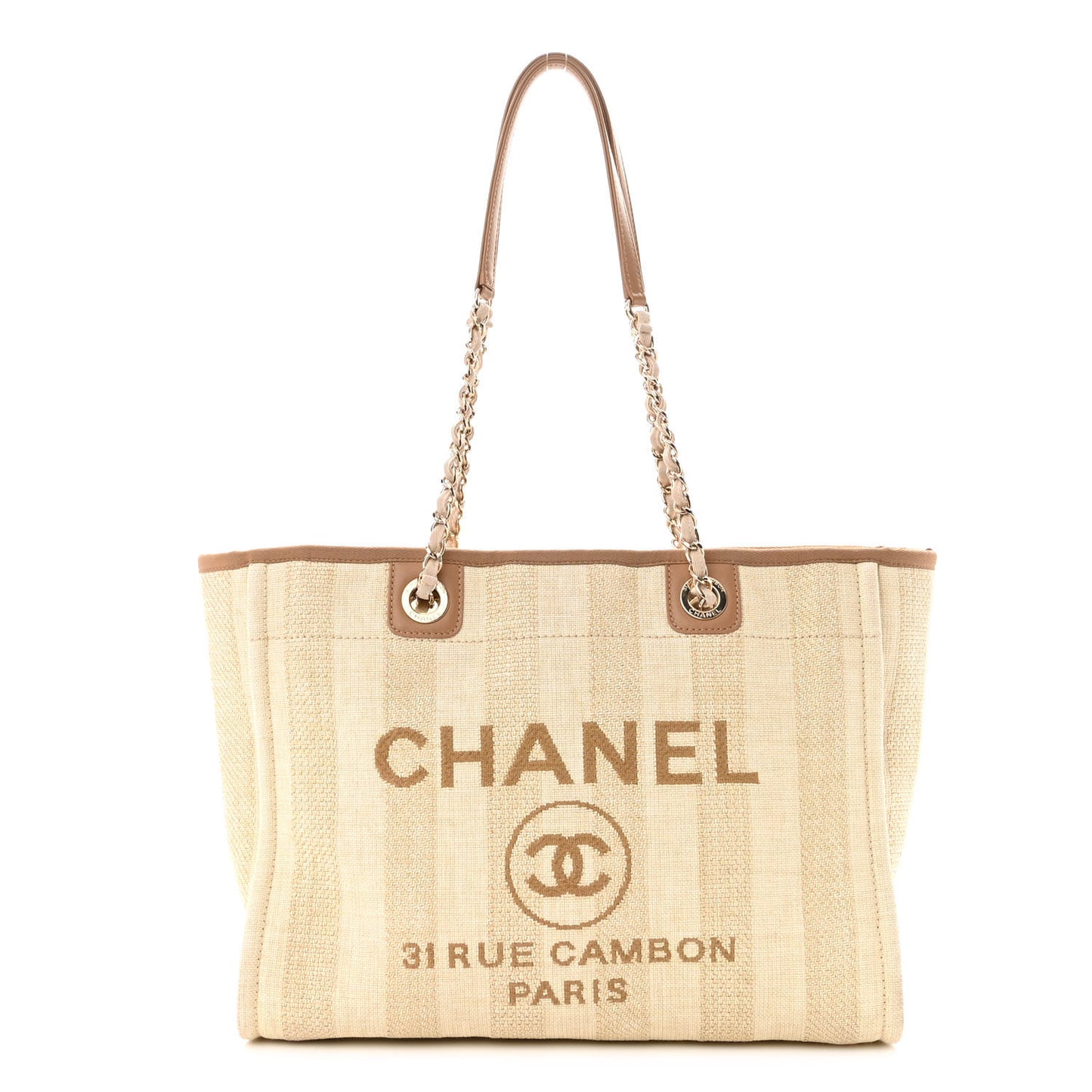 Mixed Fibers Calfskin Striped Small Deauville Tote Beige