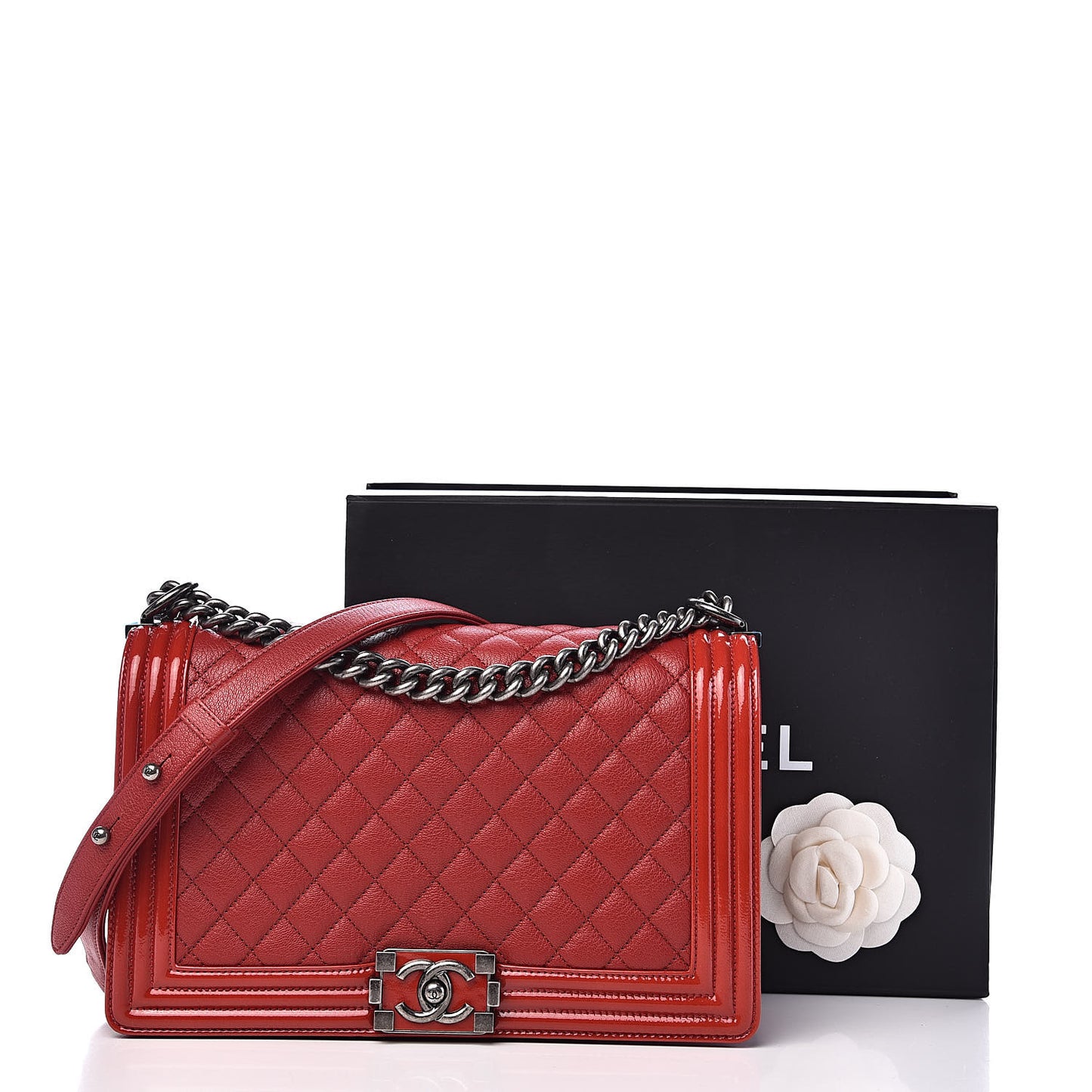 Patent Goatskin Quilted New Medium Boy Flap Red