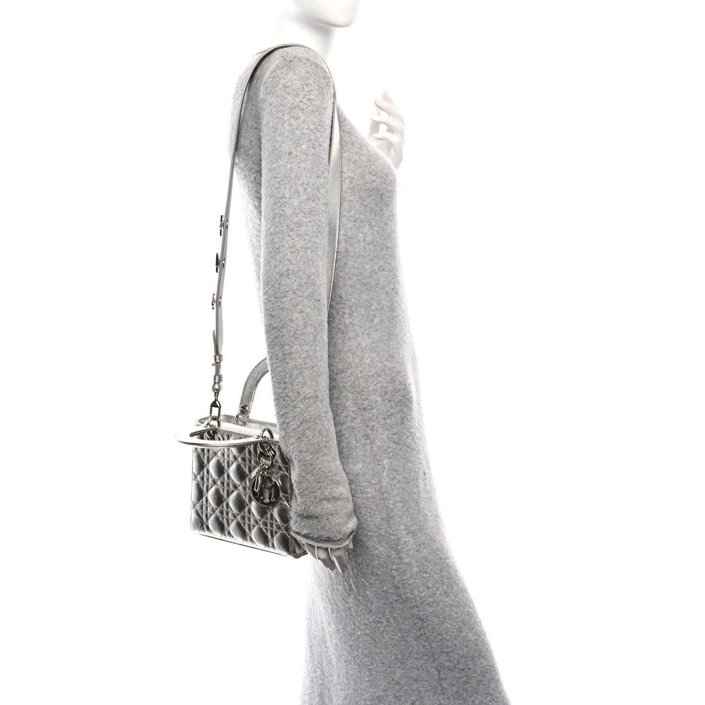 Metallic Grained Calfskin Cannage Small Lucky Badges My Lady Dior Silver