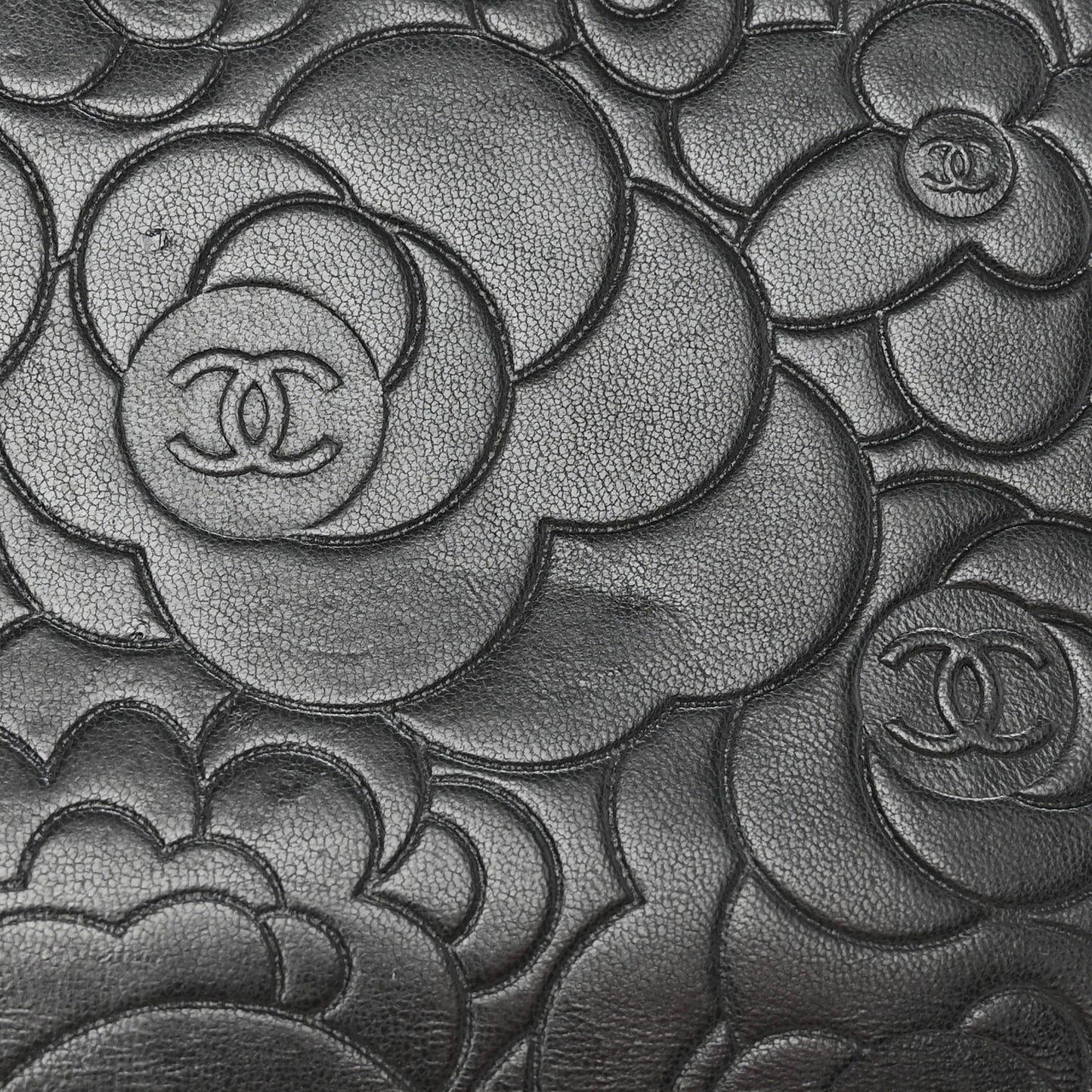 Lambskin Camellia Embossed Zip Around Organizer Wallet Black