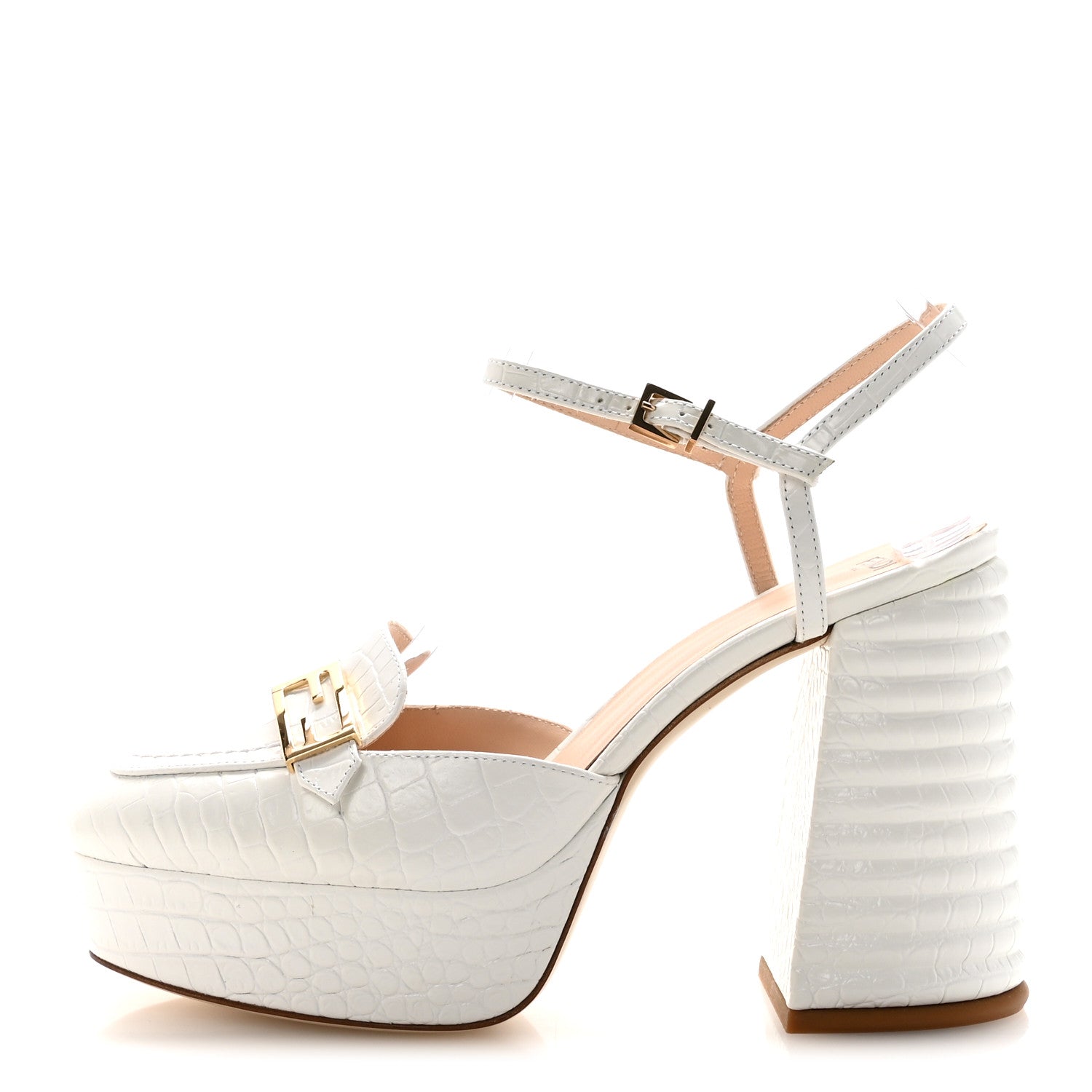 Fendi Calfskin Crocodile Embossed Promenade Slingback Platform Loafer Pumps 37 Bianco 1 of 9