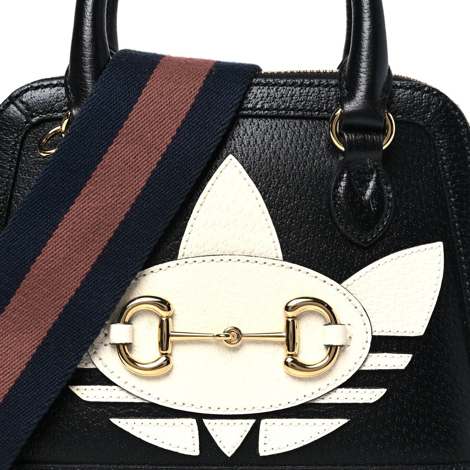 Gucci X ADIDAS Textured Dollar Calfskin Web Trefoil Mini Horsebit 1955 Top Handle Bag Black Off White 8 of 10
