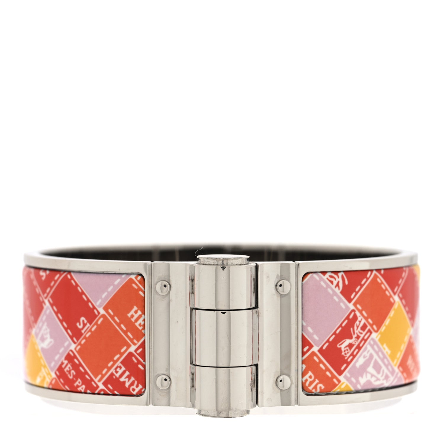 Hermes Enamel Printed Wide Square Bolduc Hinged Bracelet S Life In Orange 1 of 5