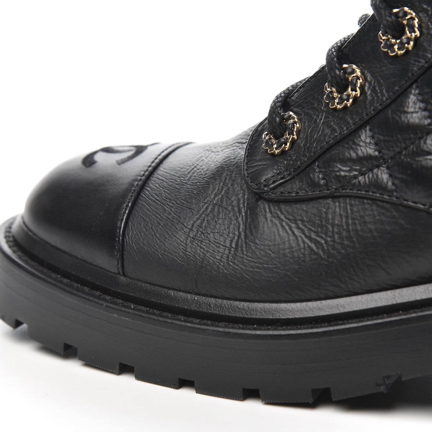 Shiny Goatskin Calfskin Quilted Lace Up Combat Boots 38 Black
