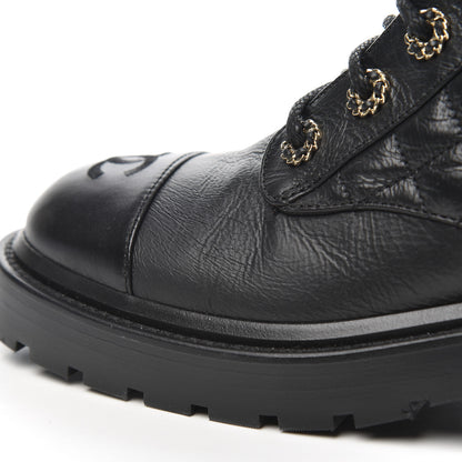 Chanel Shiny Goatskin Calfskin Quilted Lace Up Combat Boots 38 Black 9 of 17