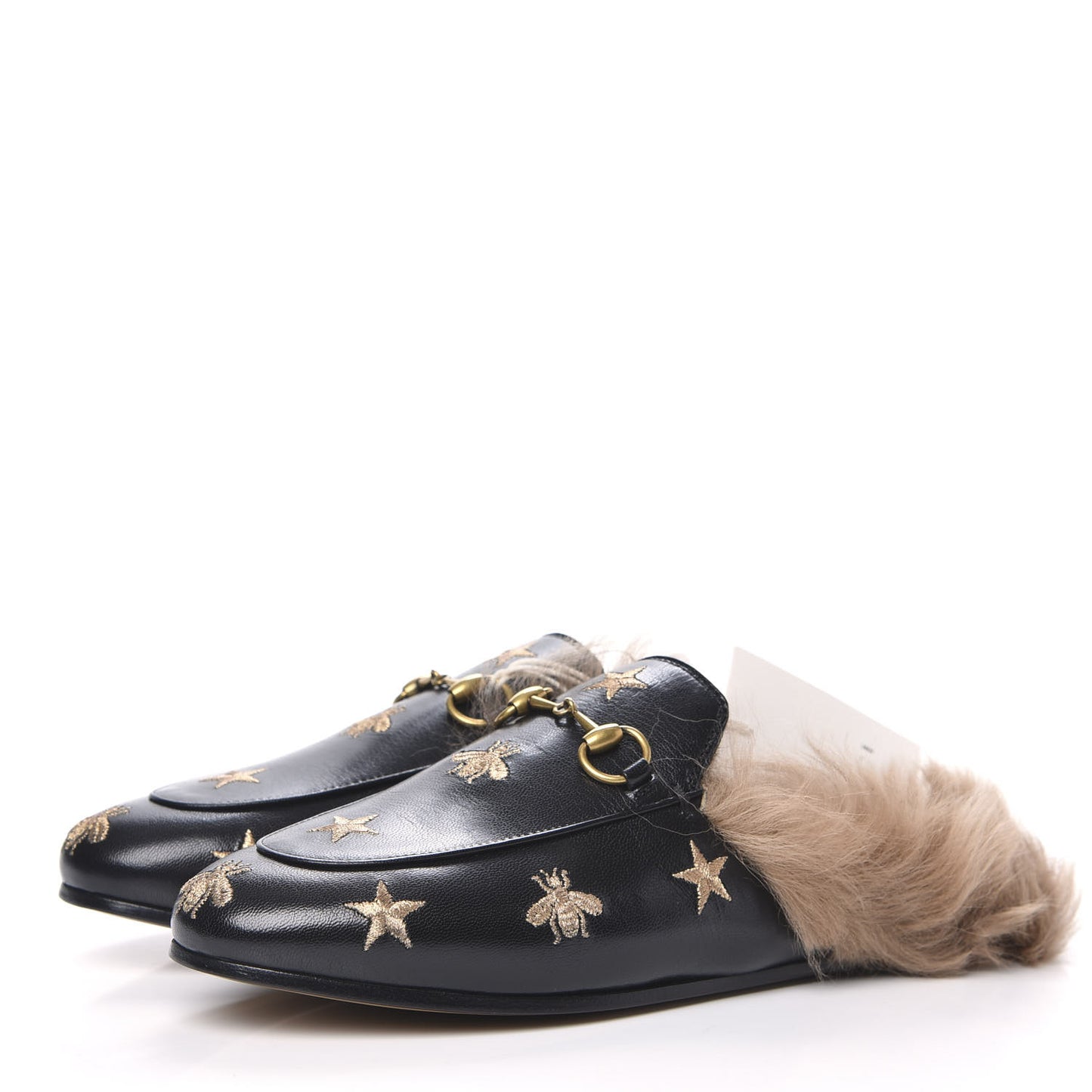 Goatskin Fur Bee Star Embroidered Womens Princetown Slippers 37 Black