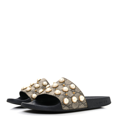 Gucci GG Supreme Monogram Pearls Slide Sandals 38 Beige 4 of 11