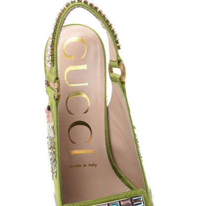 Gucci Moire Fabric Eyes Crystal Square G Madelyn Slingbacks 37 Lemon Leaf 7 of 10
